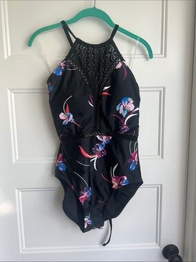 dip Black Floral One-Piece Swimsuit with Pink & Blue Accents